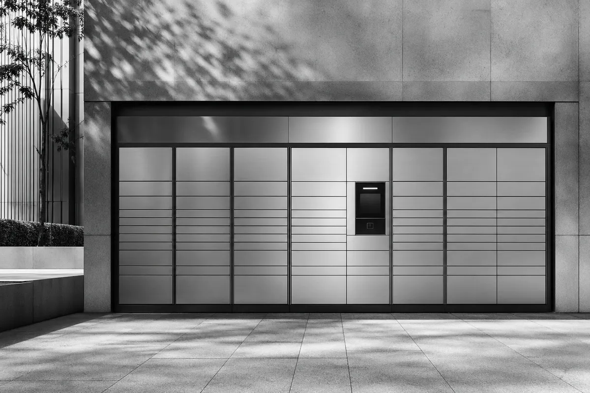 Row of Ninhao Box automated parcel lockers in a neutral civic setting